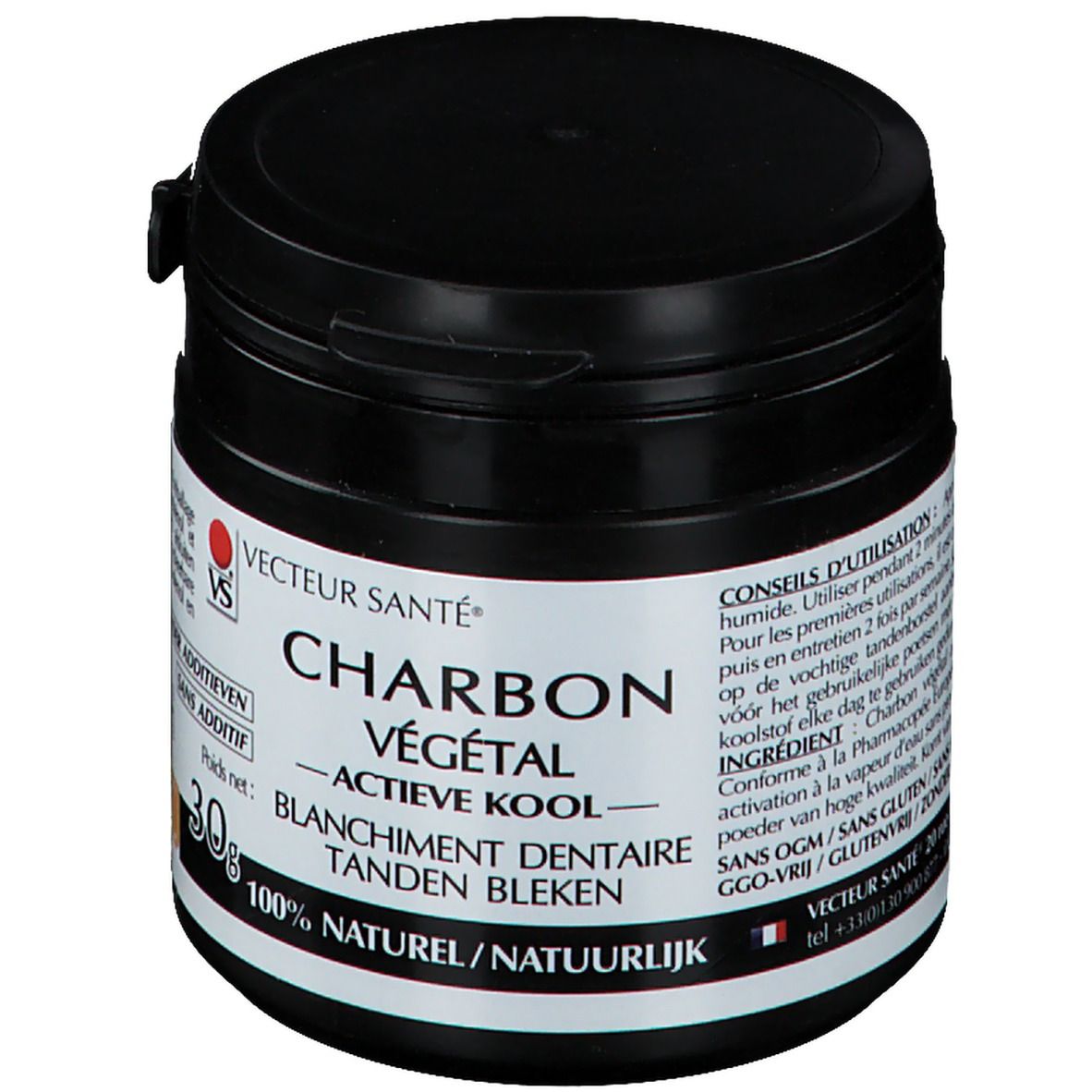 Pot noir avec couvercle. Inscription: CHARBON VÉGÉTAL, ACTIEVE KOOL, BLANCHIMENT DENTAIRE, TANDEN BLEKEN. 30g. 100% NATUREL.
