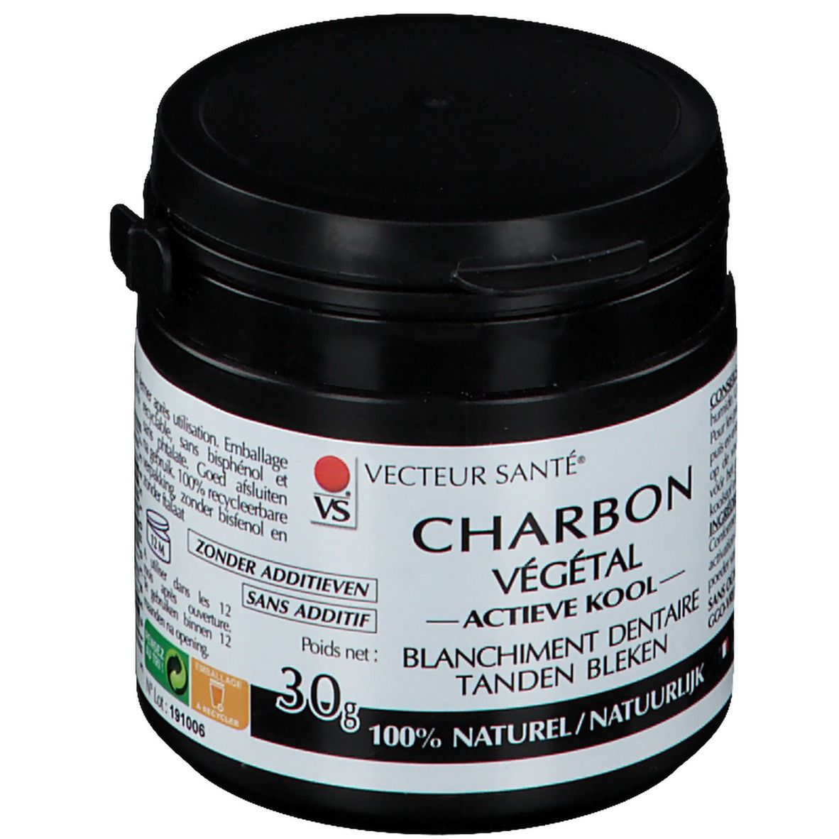 Pot noir avec couvercle. Inscription: CHARBON VÉGÉTAL, ACTIEVE KOOL, BLANCHIMENT DENTAIRE, TANDEN BLEKEN. 30g. SANS ADDITIFS.