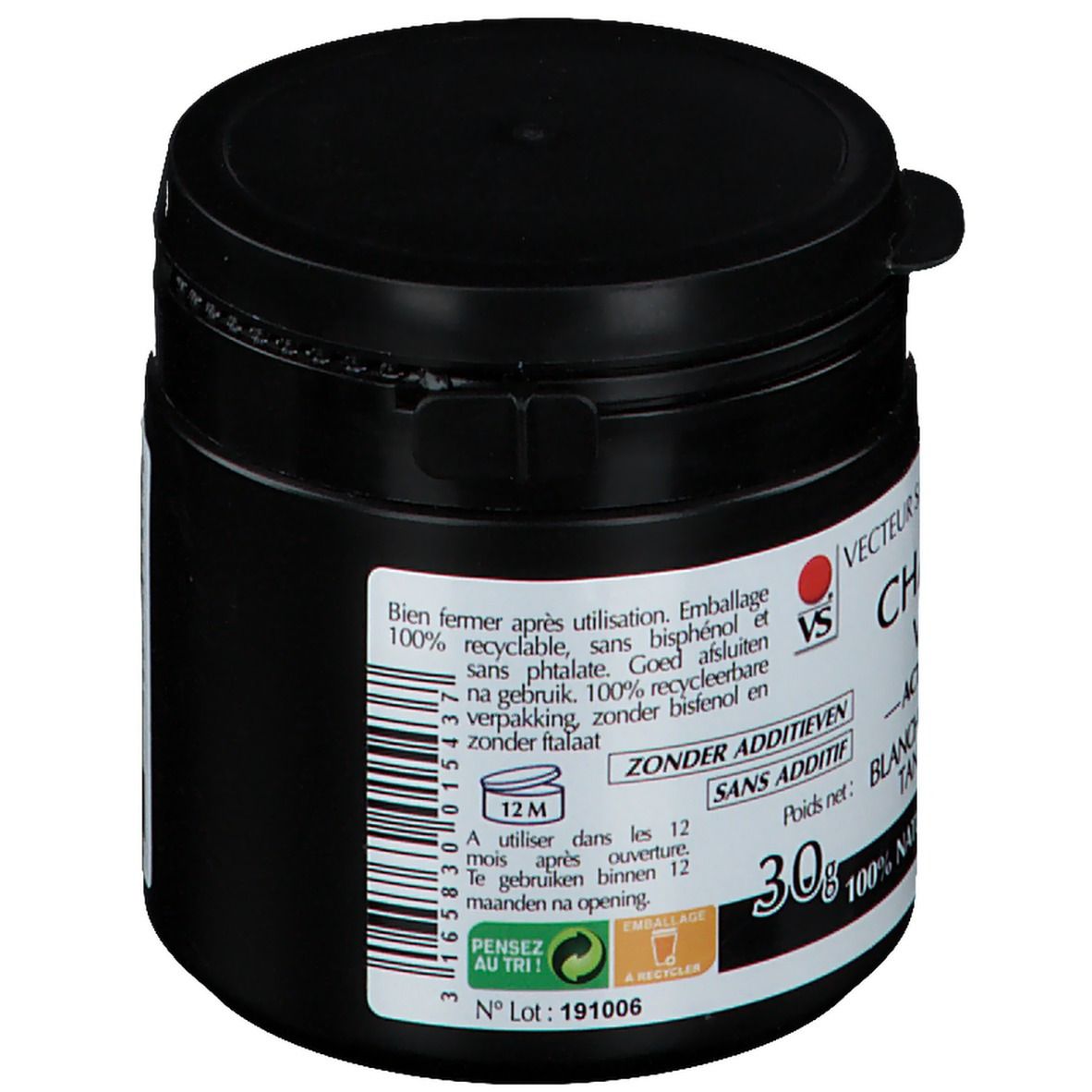 Pot noir avec couvercle. Inscription: CHARBON VÉGÉTAL, ACTIEVE KOOL, BLANCHIMENT DENTAIRE, TANDEN BLEKEN. 30g. 100% NATUREL. 12M.