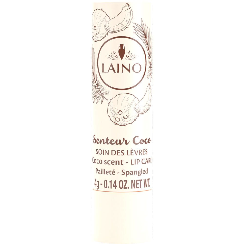 Stick de soin des lèvres LAINO, parfum coco. Inscription: Senteur Coco, Soin des Lèvres, Coco scent, 4g.