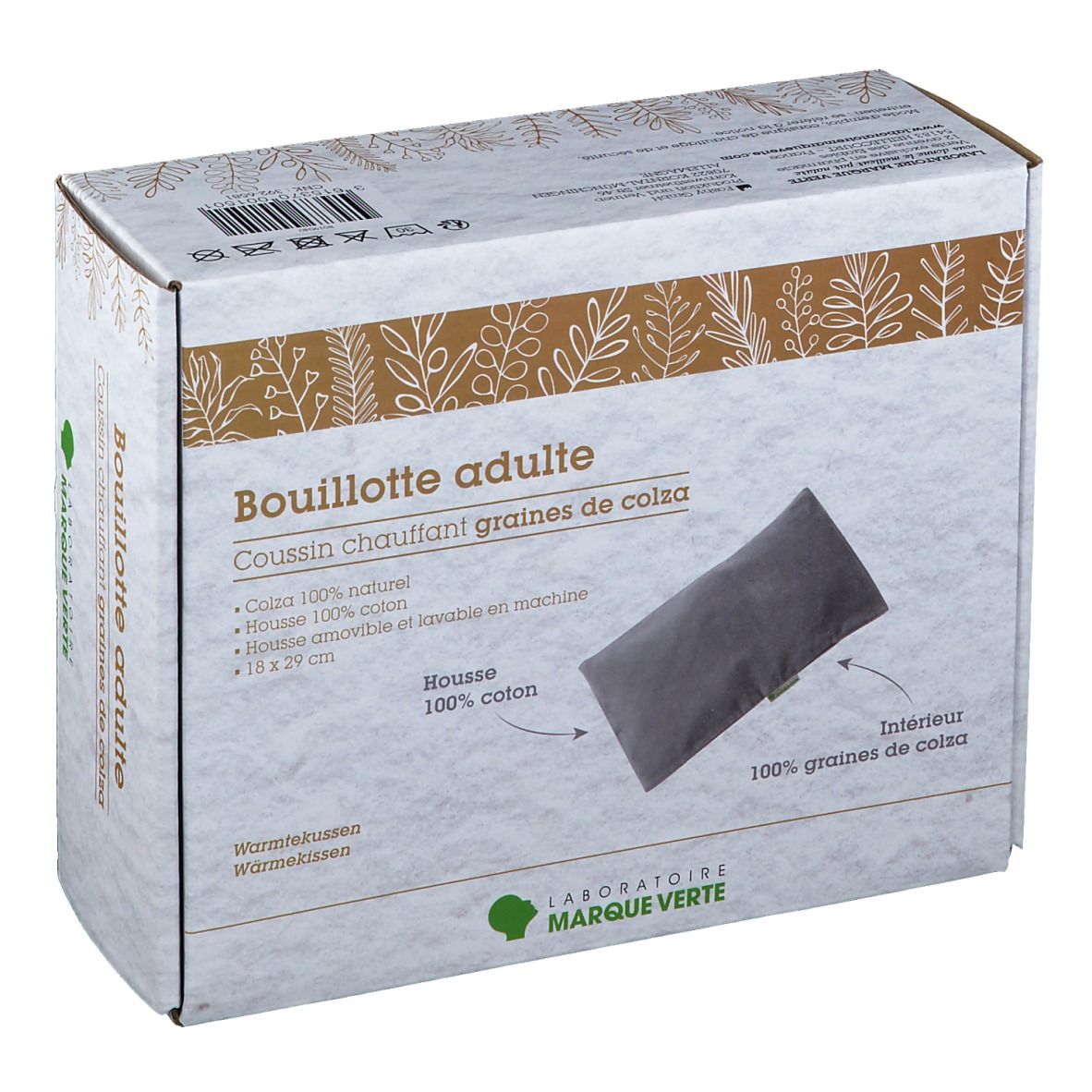Boîte de coussin chauffant. Inscription: Bouillotte adulte, Laboratoires Marque Verte. Contient graines de colza 100% naturel, housse 100% coton.