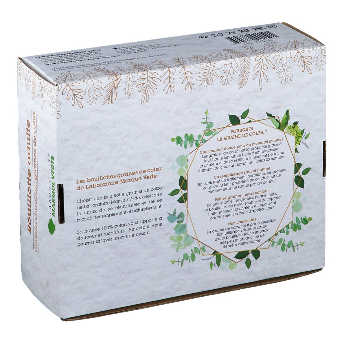 Dos de la boîte. Texte sur les bienfaits des graines de colza. Logo Laboratoires Marque Verte. Motifs de feuilles décoratives.