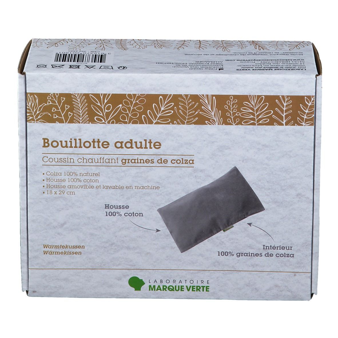 Boîte avec coussin. Inscription: Bouillotte adulte, Laboratoires Marque Verte. Coussin 100% coton, rempli de graines de colza 100%.