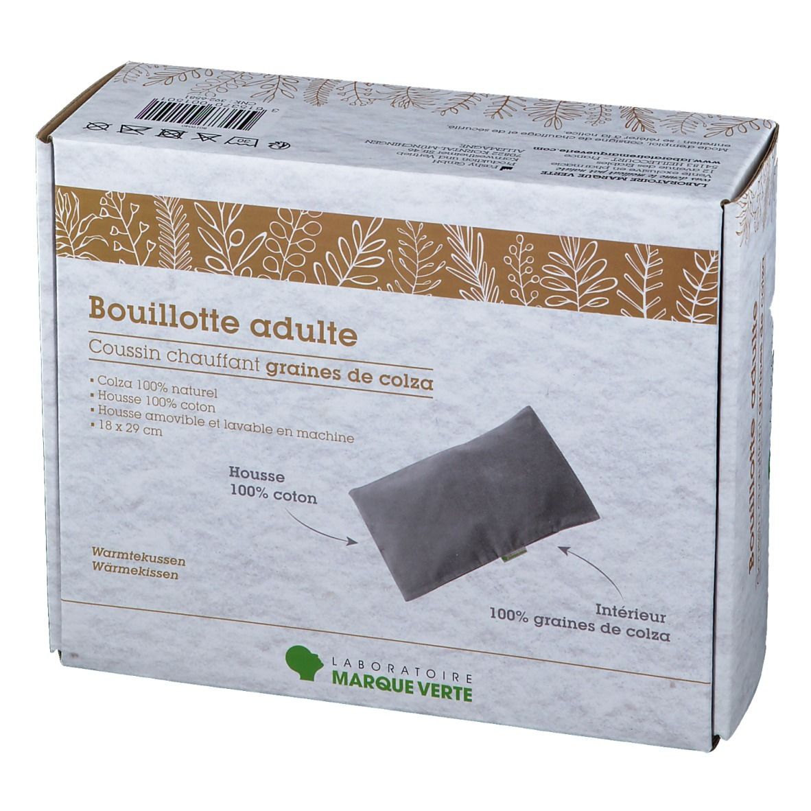 Boîte avec coussin. Inscription: Bouillotte adulte, Laboratoires Marque Verte. Coussin 100% coton, rempli de graines de colza 100%.