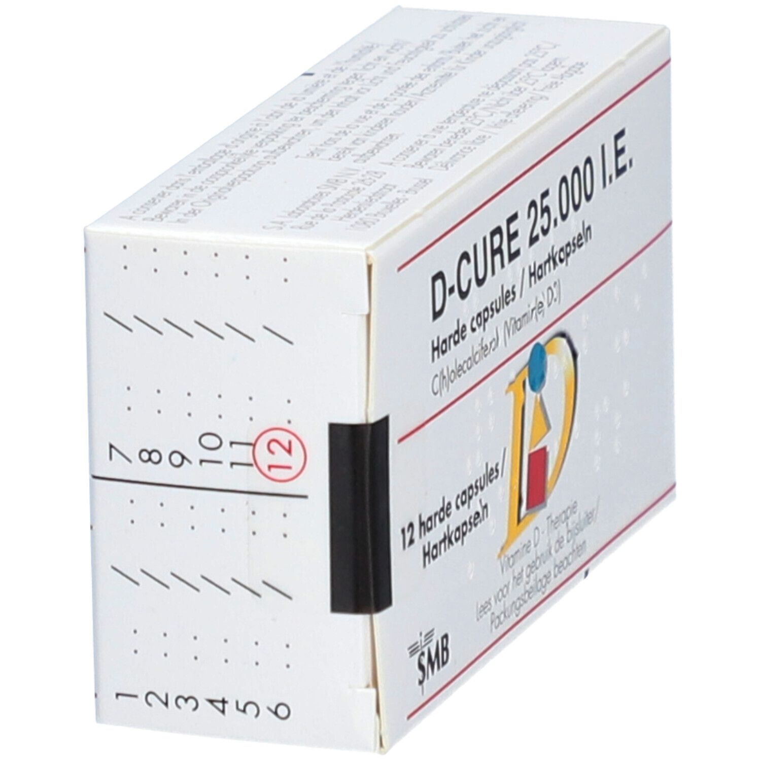 Vue latérale de la boîte D-Cure 25.000 UI, 12 gélules. Logo SMB. Numérotation de 1 à 12.