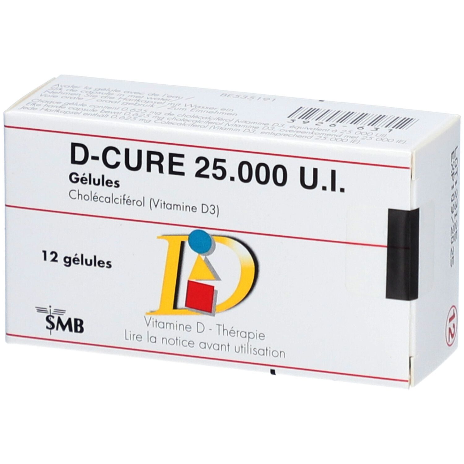 Boîte de D-Cure 25.000 UI, 12 gélules. Inscription: Thérapie à la vitamine D. Logo SMB.