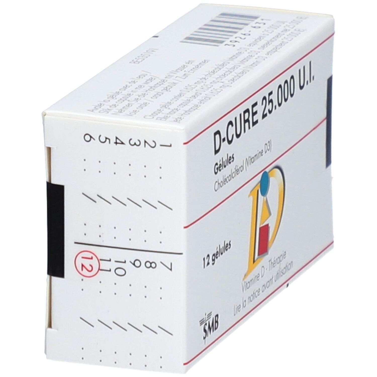 Vue latérale de la boîte D-Cure 25.000 UI, 12 gélules. Logo SMB. Numérotation de 1 à 12.