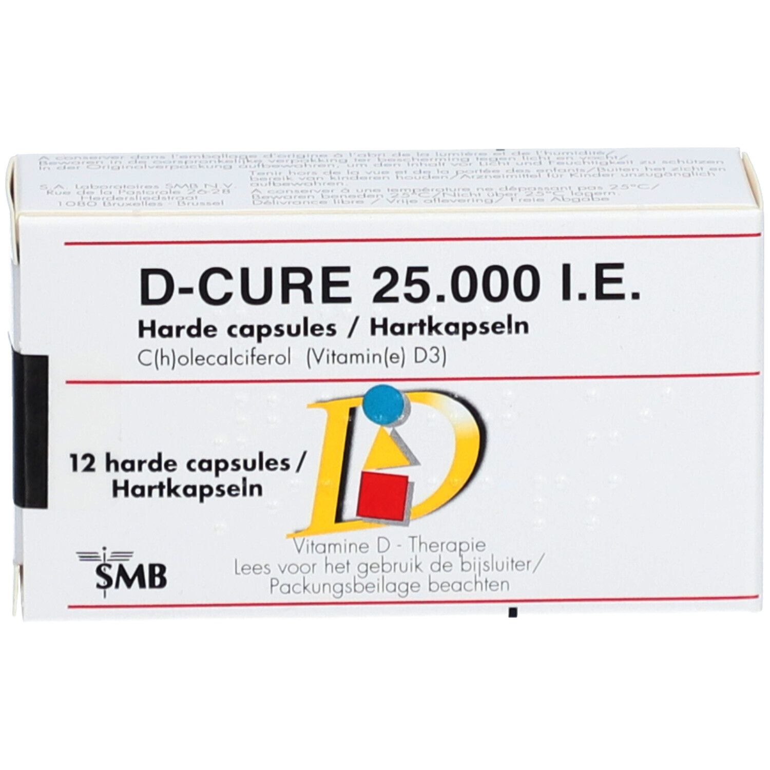 Boîte de D-Cure 25.000 UI, 12 gélules. Inscription: Thérapie à la vitamine D. Logo SMB.