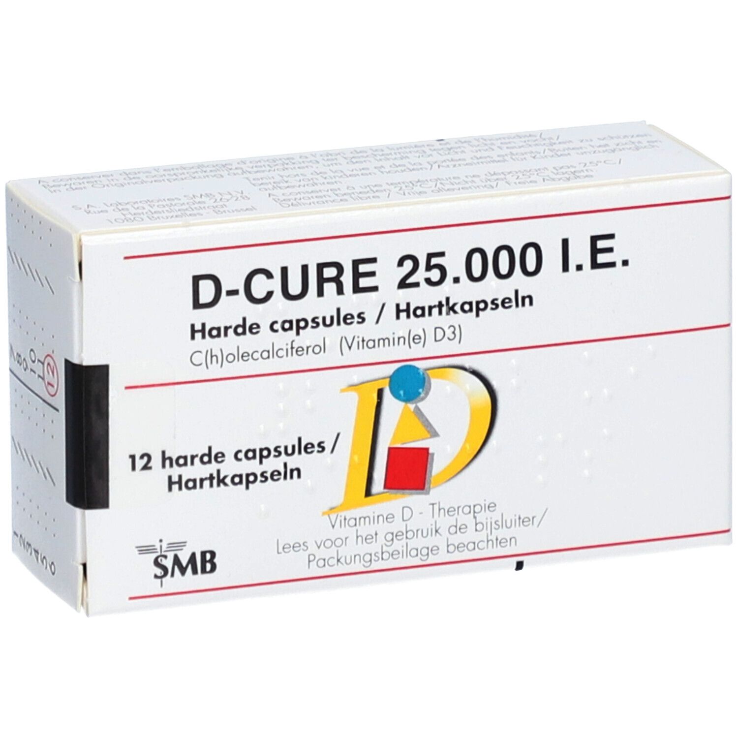 Boîte de D-Cure 25.000 UI, 12 gélules. Inscription: Thérapie à la vitamine D. Logo SMB.