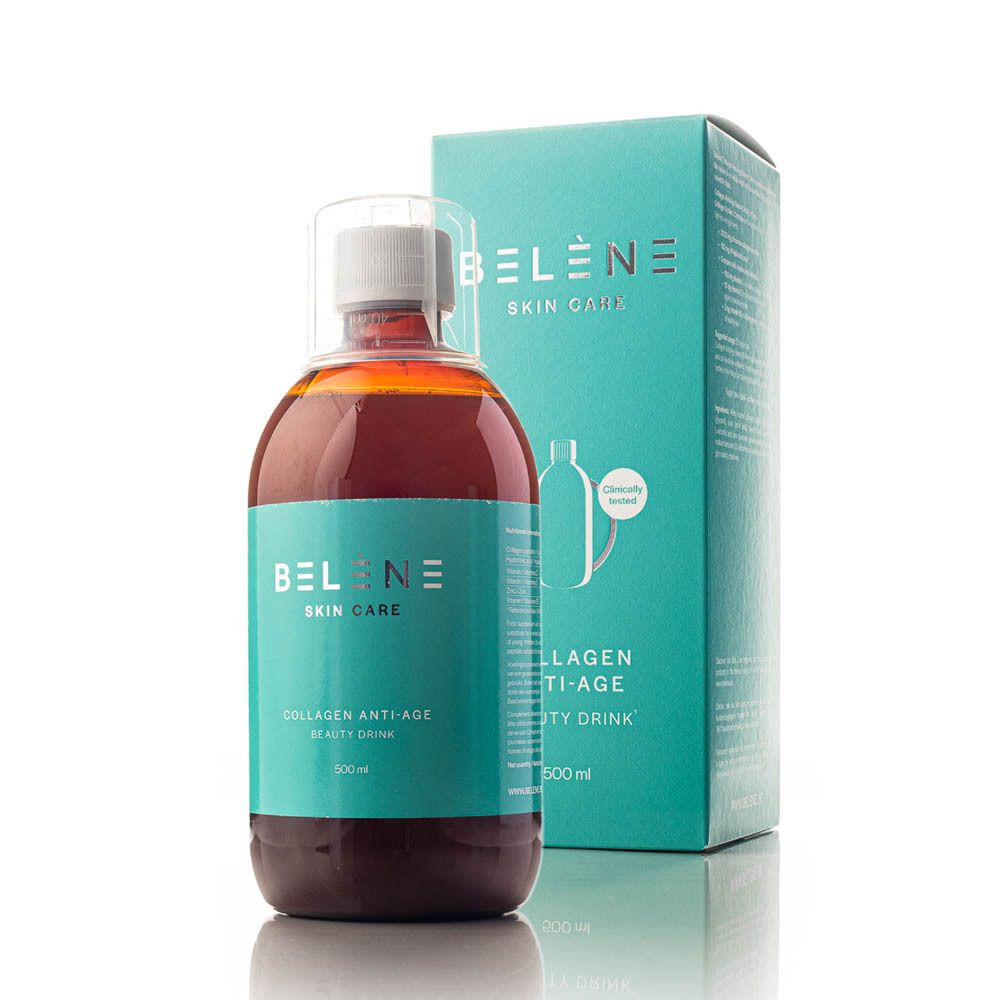 Product en verpakking. Opschrift: BELENE SKIN CARE, Collagen Anti-Age Beauty Drink. 500 ml.