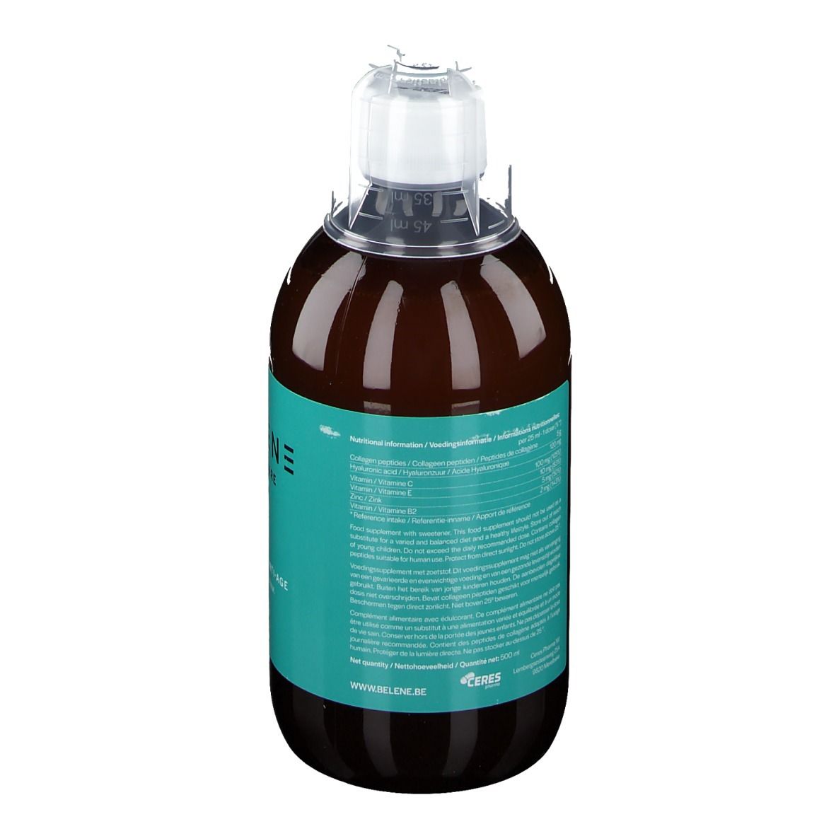 Achterkant van de fles. Opschrift: BELENE SKIN CARE, Collagen Anti-Age Beauty Drink. Ingrediënten.