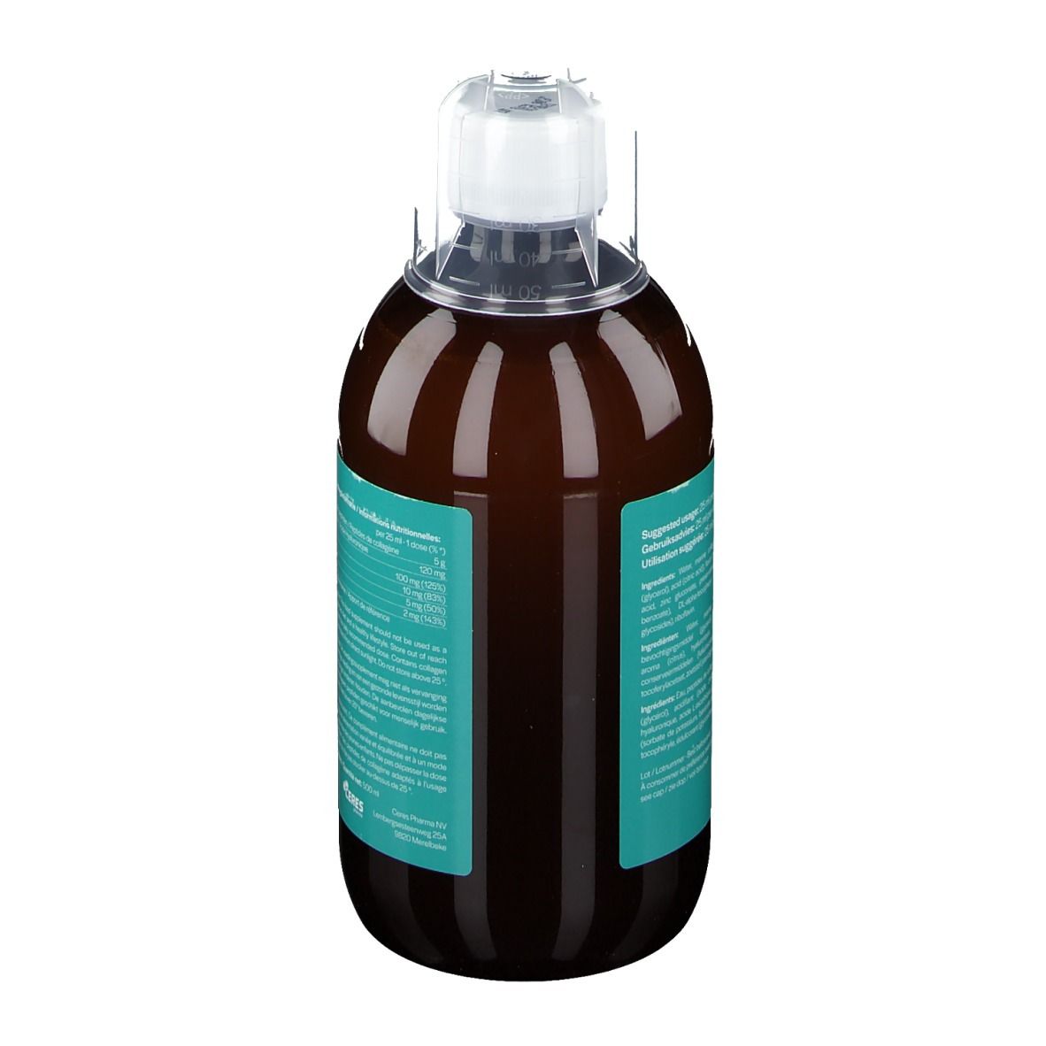 Achterkant van de fles. Opschrift: BELENE SKIN CARE, Collagen Anti-Age Beauty Drink. Ingrediënten.