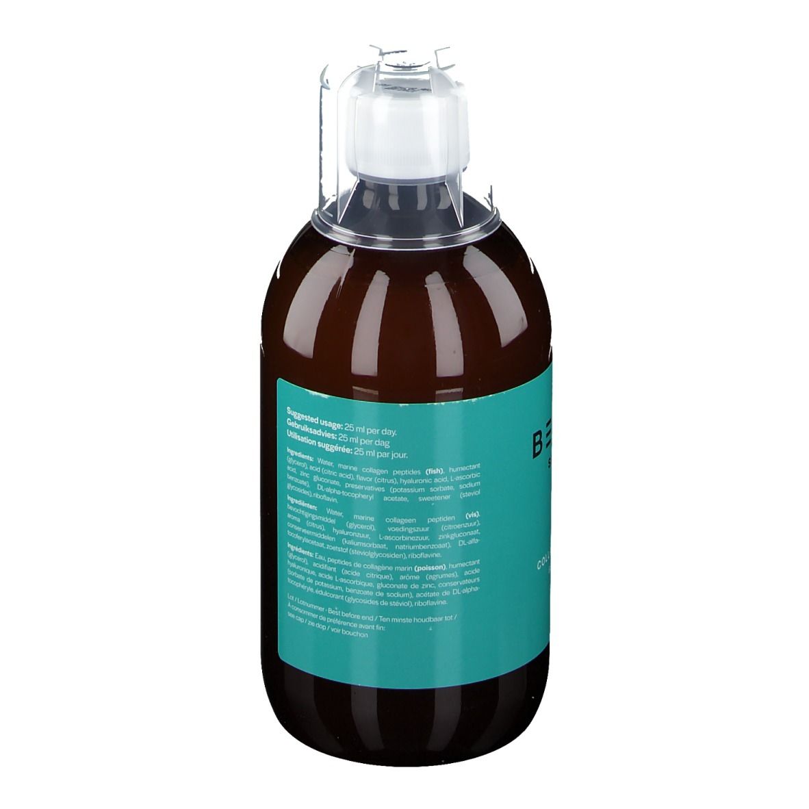 Achterkant van de fles. Opschrift: BELENE SKIN CARE, Collagen Anti-Age Beauty Drink. Ingrediënten.