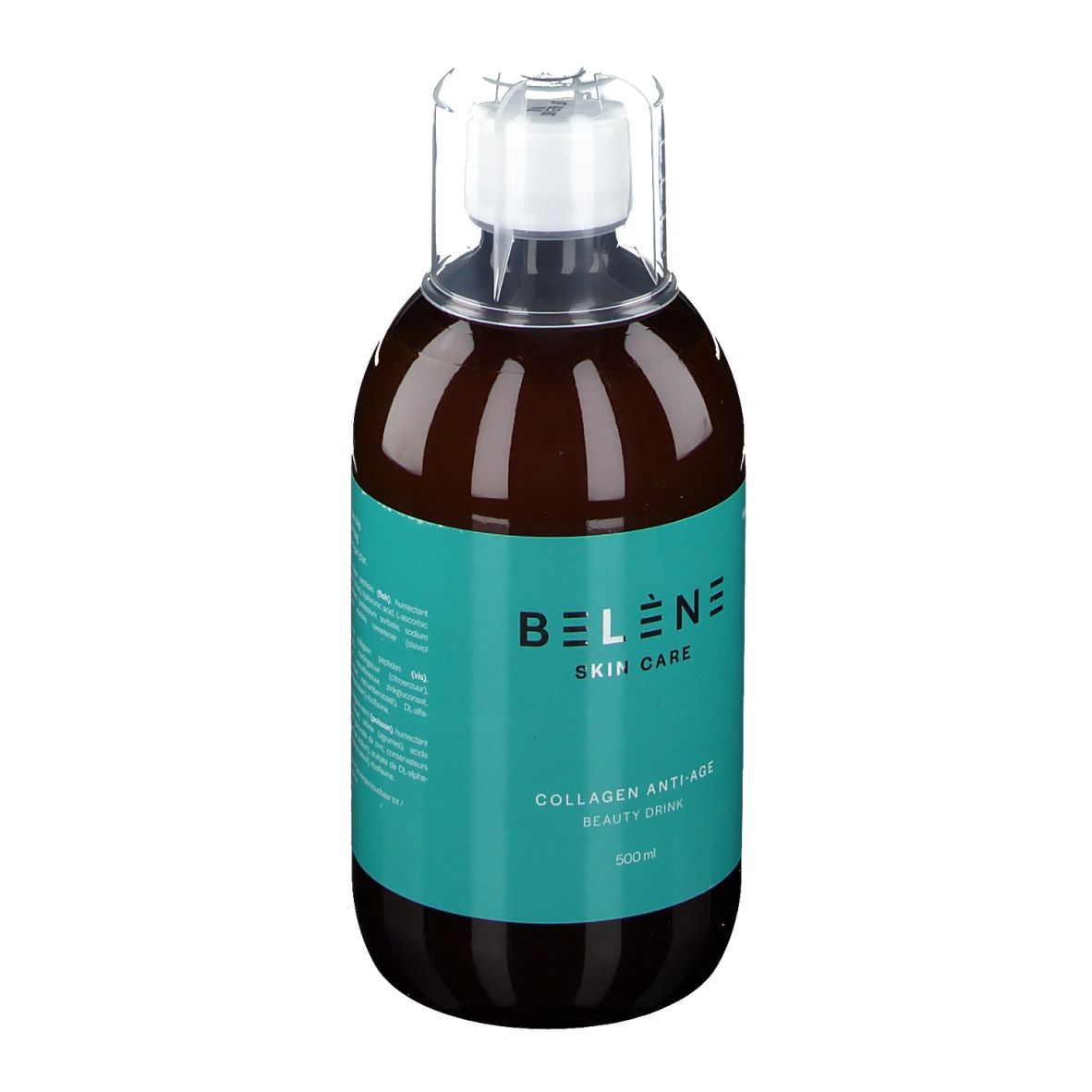 Bruine fles met witte dop. Opschrift: BELENE SKIN CARE, Collagen Anti-Age Beauty Drink.