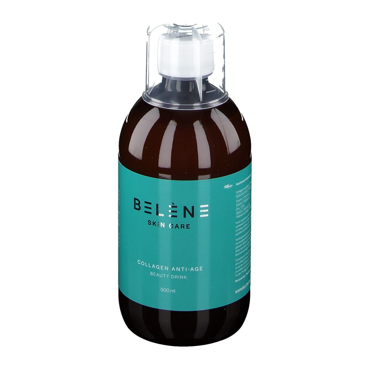 Bruine fles met witte dop. Opschrift: BELENE SKIN CARE, Collagen Anti-Age Beauty Drink.