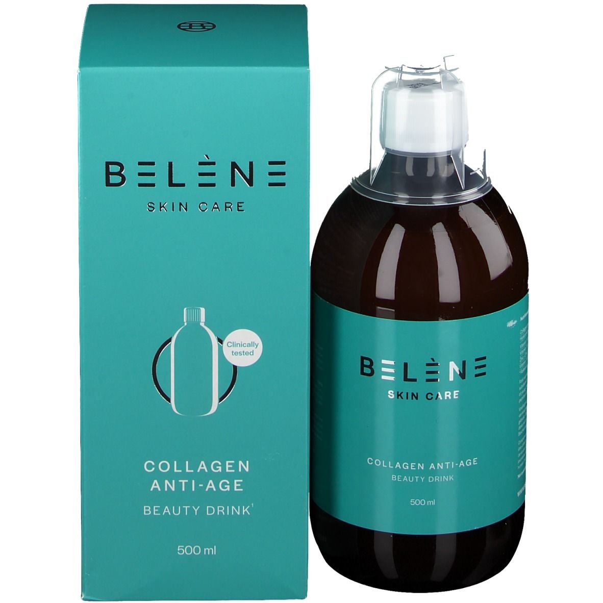 Product en verpakking. Opschrift: BELENE SKIN CARE, Collagen Anti-Age Beauty Drink. 500 ml.