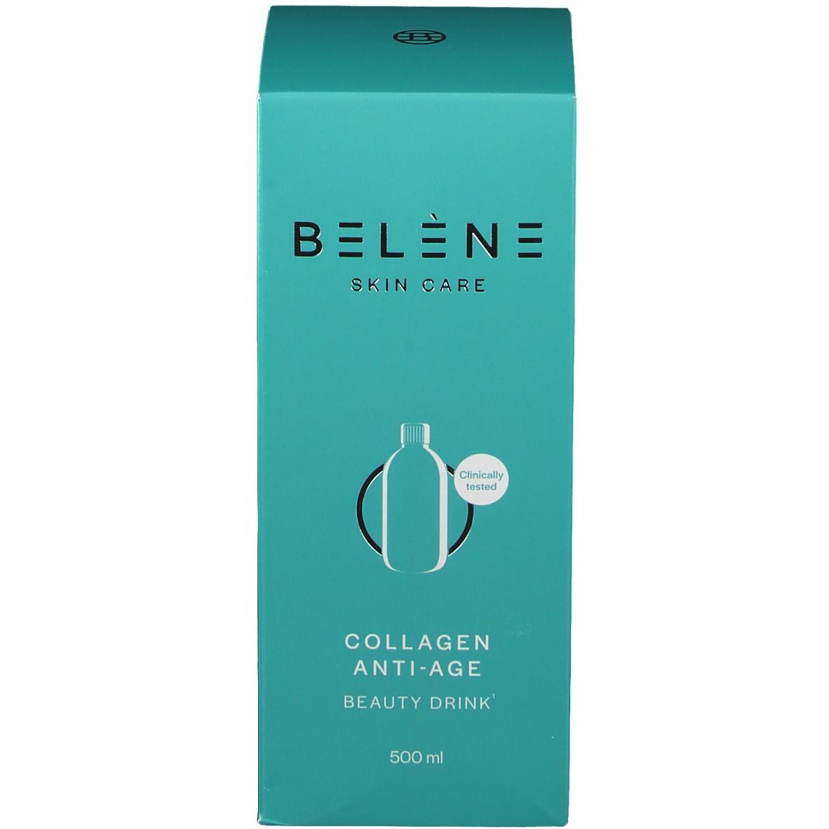 Verpakking. Opschrift: BELENE SKIN CARE, Collagen Anti-Age Beauty Drink. 500 ml. Klinisch getest.