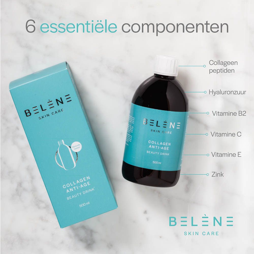 Product en verpakking. Opschrift: BELENE SKIN CARE, Collagen Anti-Age Beauty Drink. 500 ml.