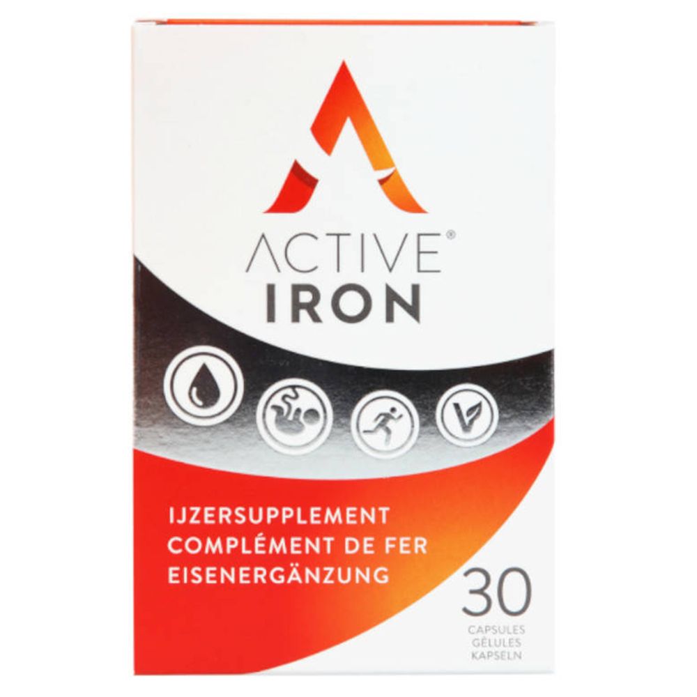 Boîte blanche et rouge ACTIVE IRON. 30 gélules. Symboles: fer, grossesse, sport, végétalien. Inscription: Complément de fer.