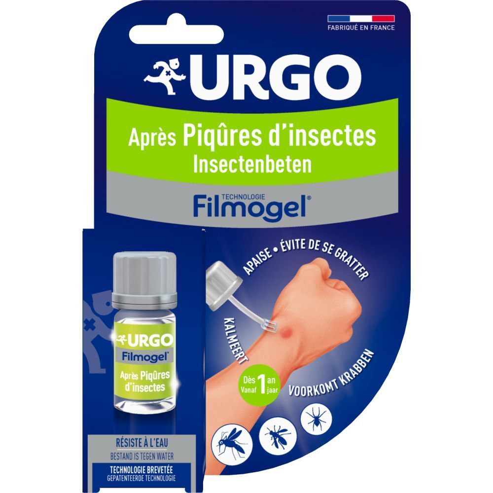 Blisterpackung mit Urgo Filmogel Après Piqûres d'Insectes. Enthält eine Flasche und eine Abbildung der Anwendung. Text in Französisch und Deutsch.