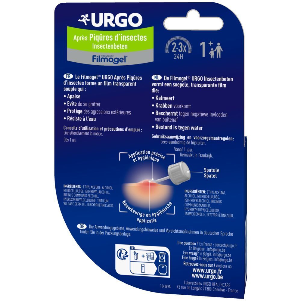 Rückseite der Urgo Filmogel Après Piqûres d'Insectes Verpackung. Enthält Informationen zur Anwendung und Inhaltsstoffe. Text in mehreren Sprachen.