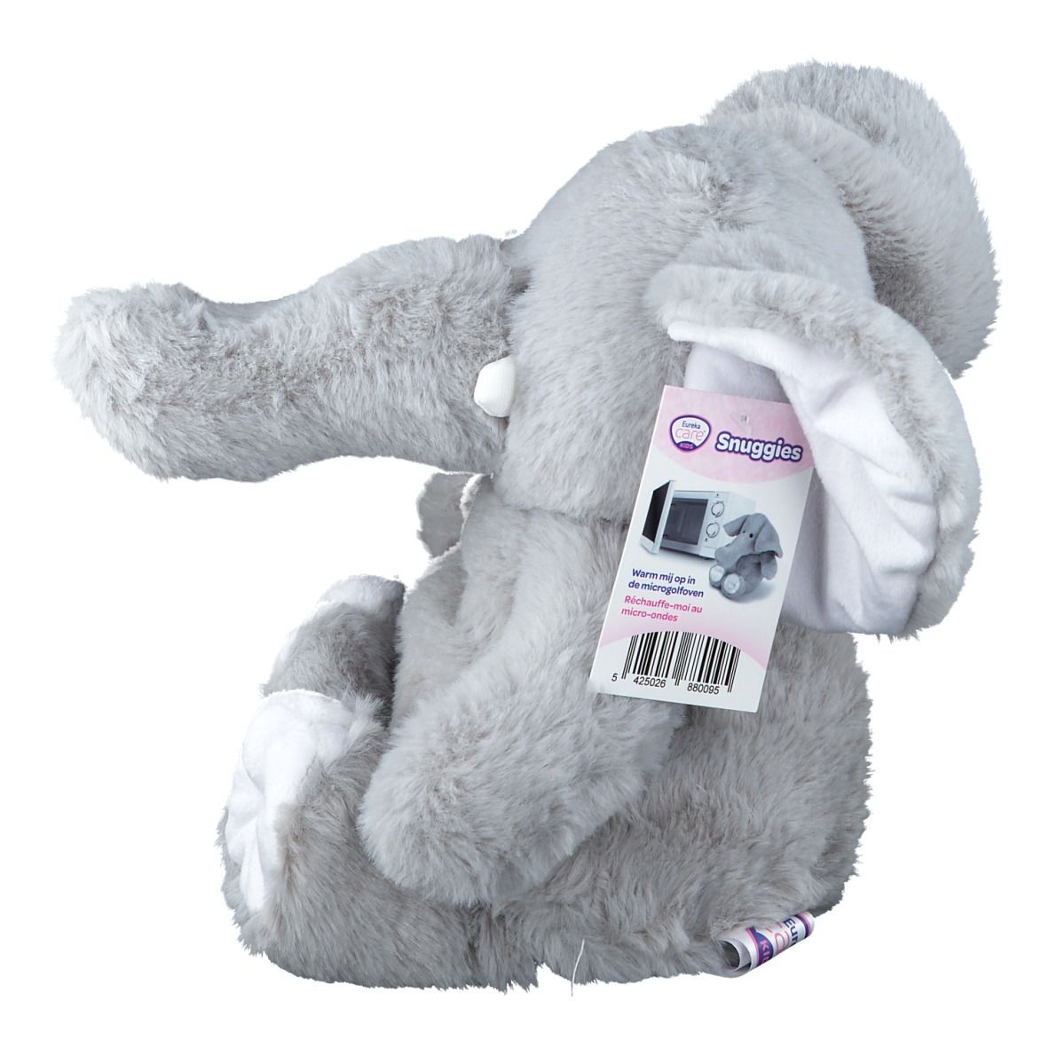 Grauer Plüsch-Elefant mit Etikett. Das Etikett zeigt das Produkt und den Markennamen Snuggies.