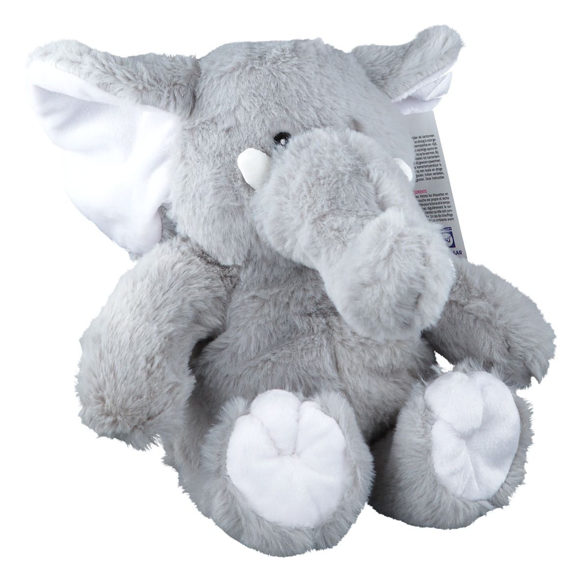 Grauer Plüsch-Elefant mit weißen Ohren und Füßen. Ein Etikett ist befestigt.