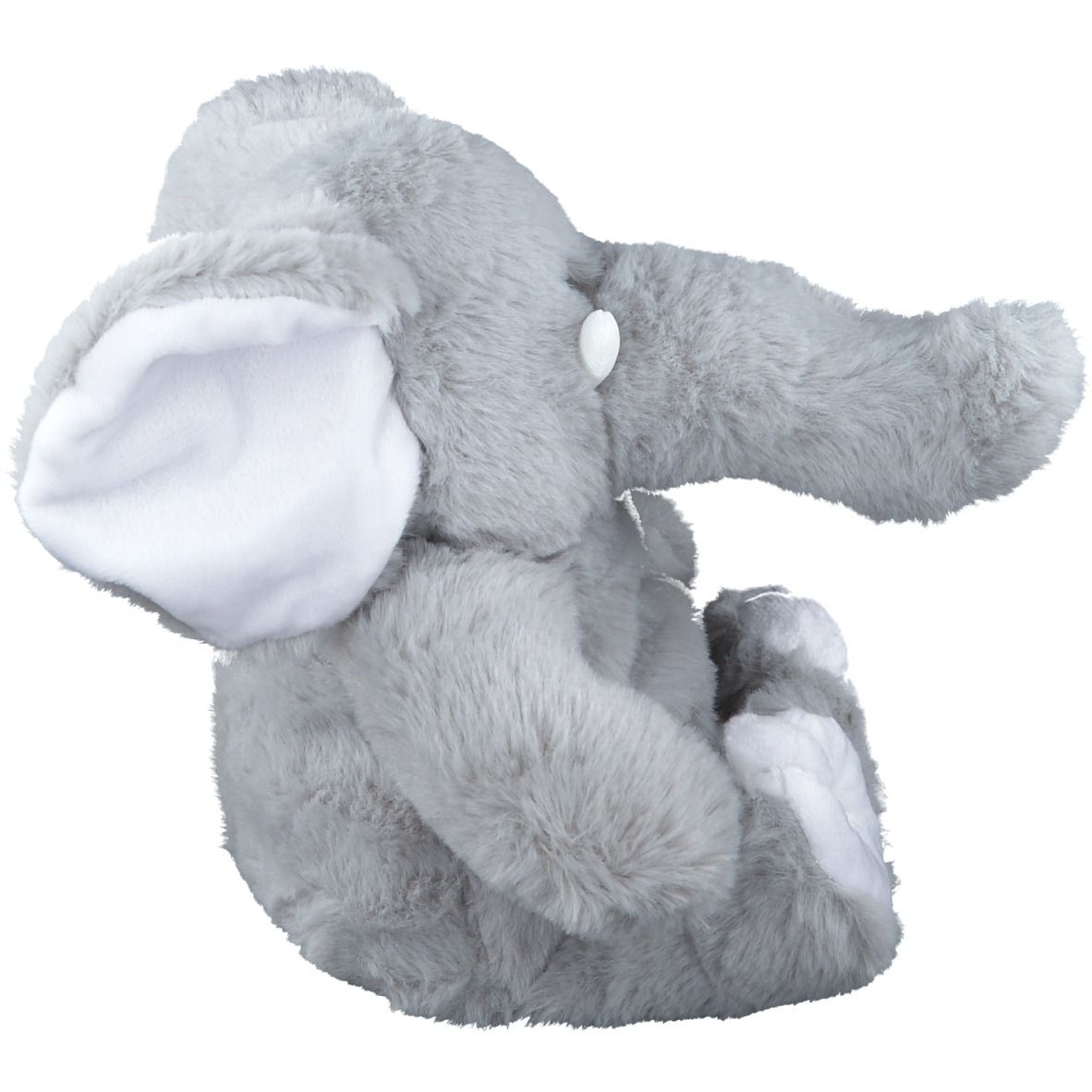 Grauer Plüsch-Elefant mit weißen Ohren und Füßen. Das Produkt ist seitlich abgebildet.