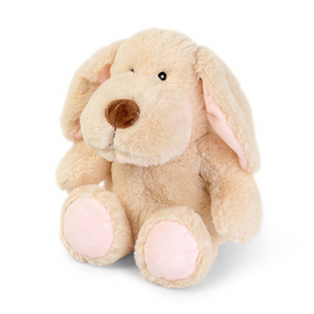 Beige honden kussen met bruine neus en roze poten. Hangende oren. Zacht materiaal.
