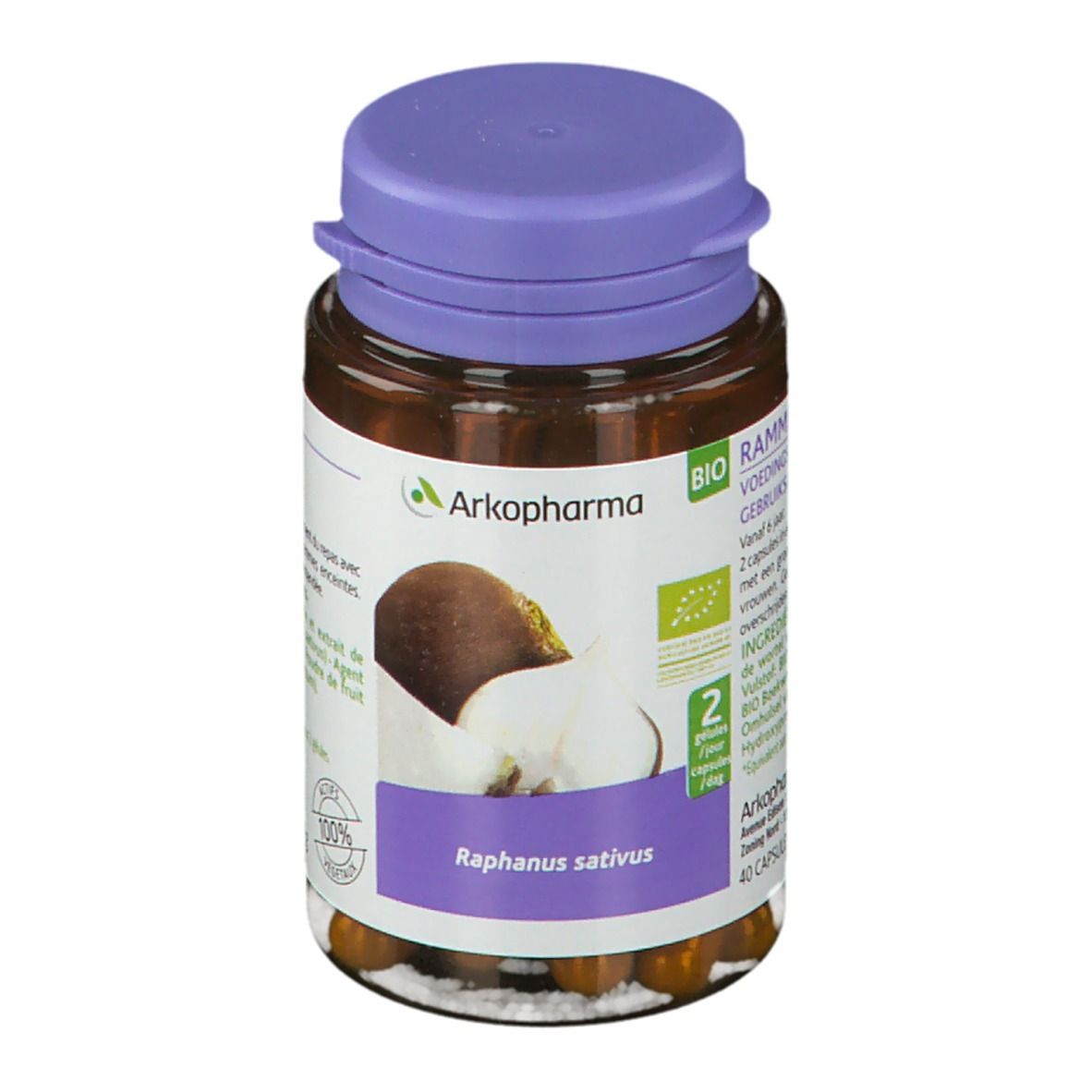 Flacon marron avec bouchon violet contenant des gélules. Étiquette avec informations produit et logo Arkopharma. Ingrédients et certification BIO.