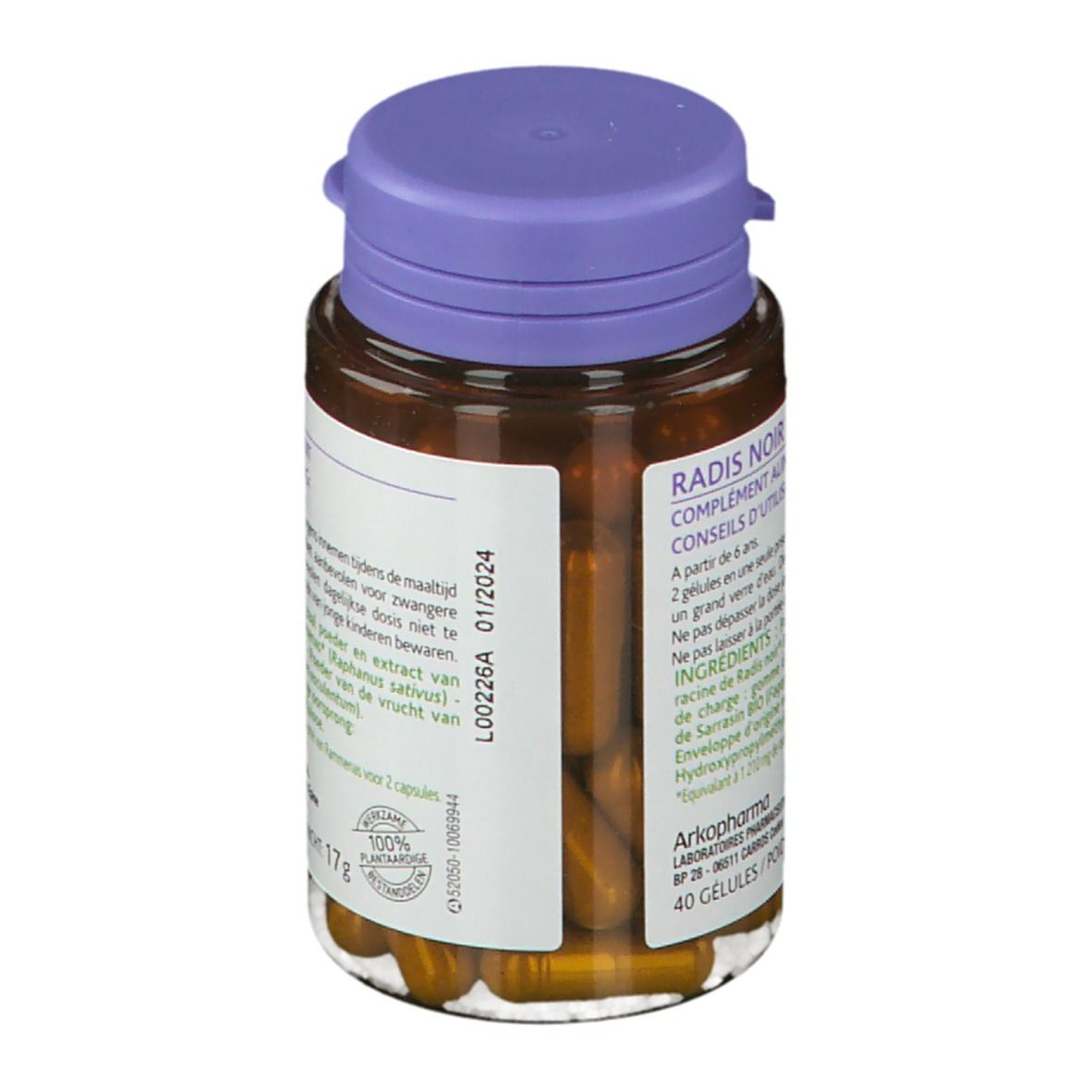 Flacon marron avec bouchon violet contenant des gélules. Étiquette avec informations produit, ingrédients et logo Arkopharma.