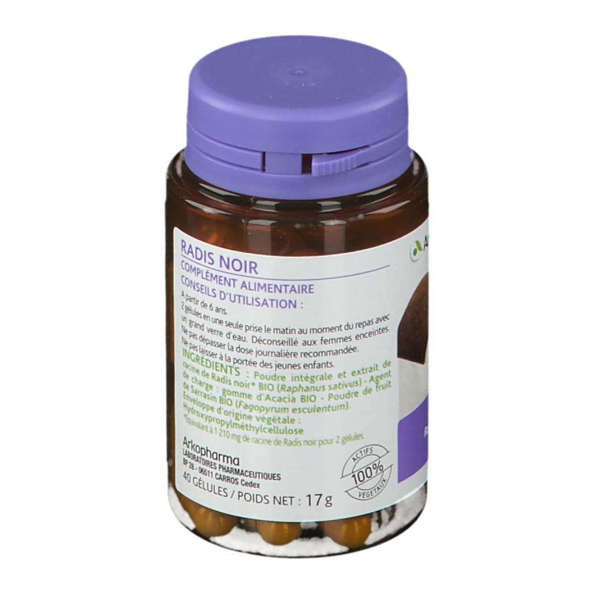 Flacon marron avec bouchon violet contenant des gélules. Étiquette avec informations produit, ingrédients et logo Arkopharma.