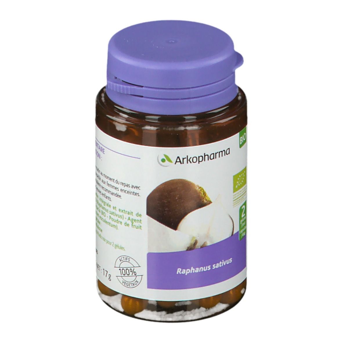 Flacon marron avec bouchon violet contenant des gélules. Étiquette avec informations produit, ingrédients et logo Arkopharma.