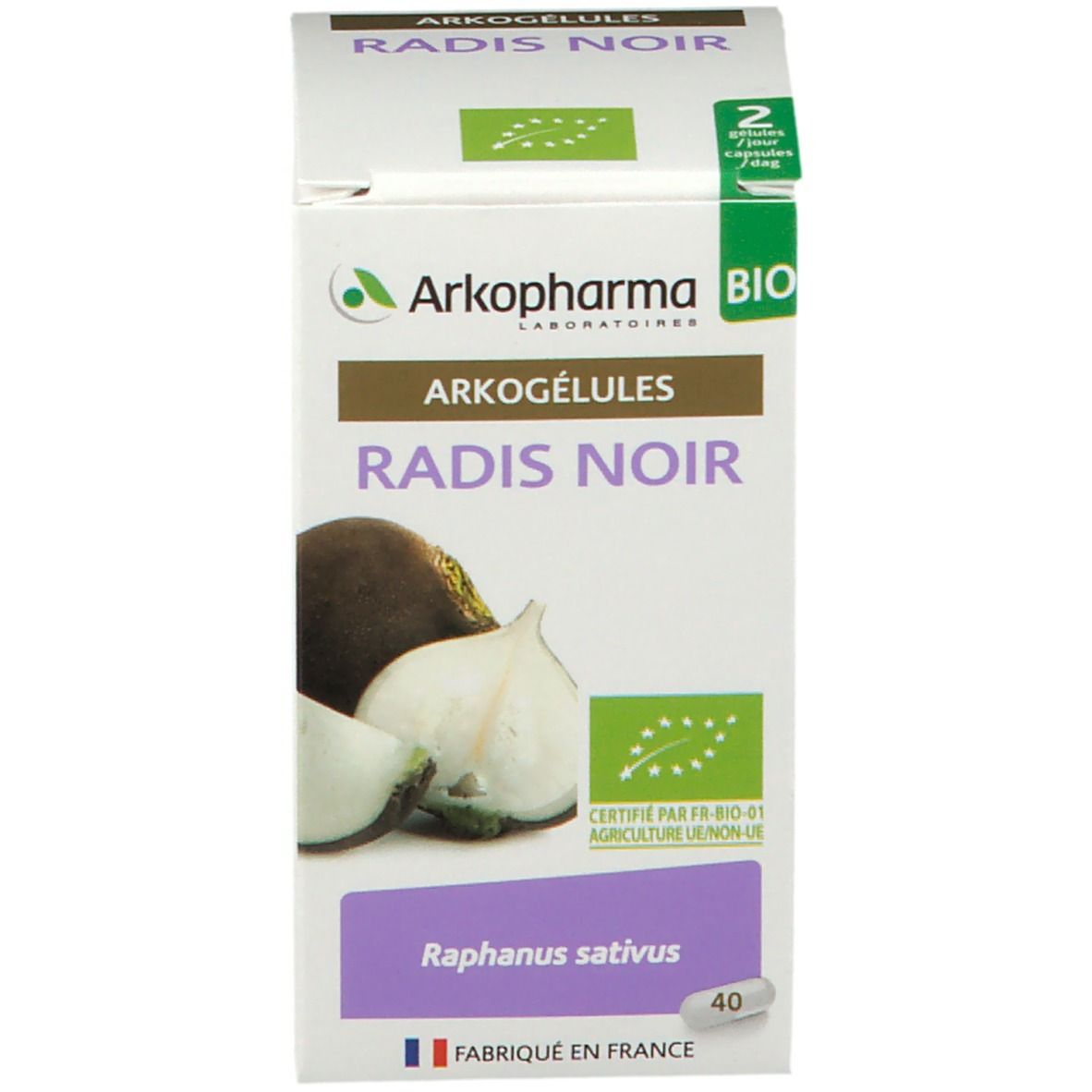 Boîte de gélules. La boîte affiche le produit, le logo Arkopharma et la certification BIO.