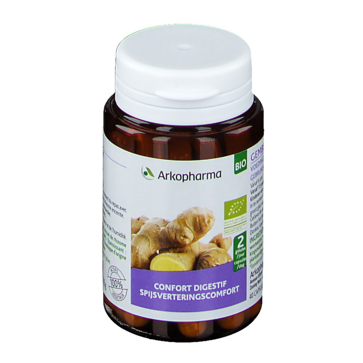Flacon marron avec bouchon blanc. Contient des gélules. Inscription: Arkopharma, Bio. Image de rhizomes de gingembre.