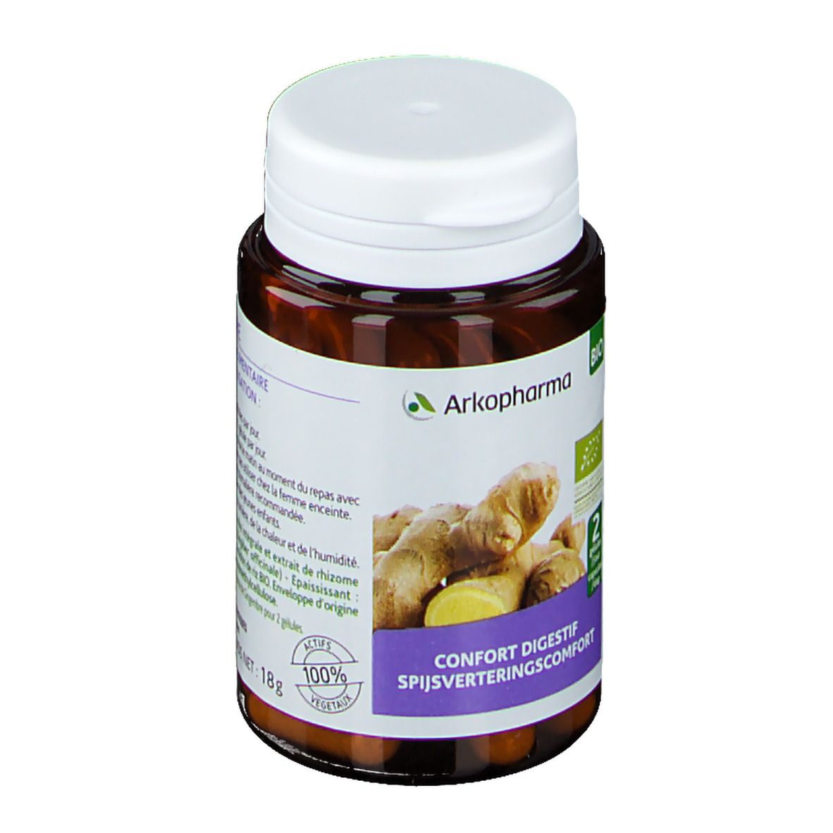 Flacon marron avec bouchon blanc. Contient des gélules. Inscription: Arkopharma, Bio. Image de rhizomes de gingembre.