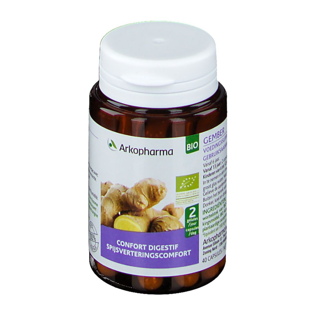 Flacon marron avec bouchon blanc. Contient des gélules. Inscription: Arkopharma, Bio. Image de rhizomes de gingembre.