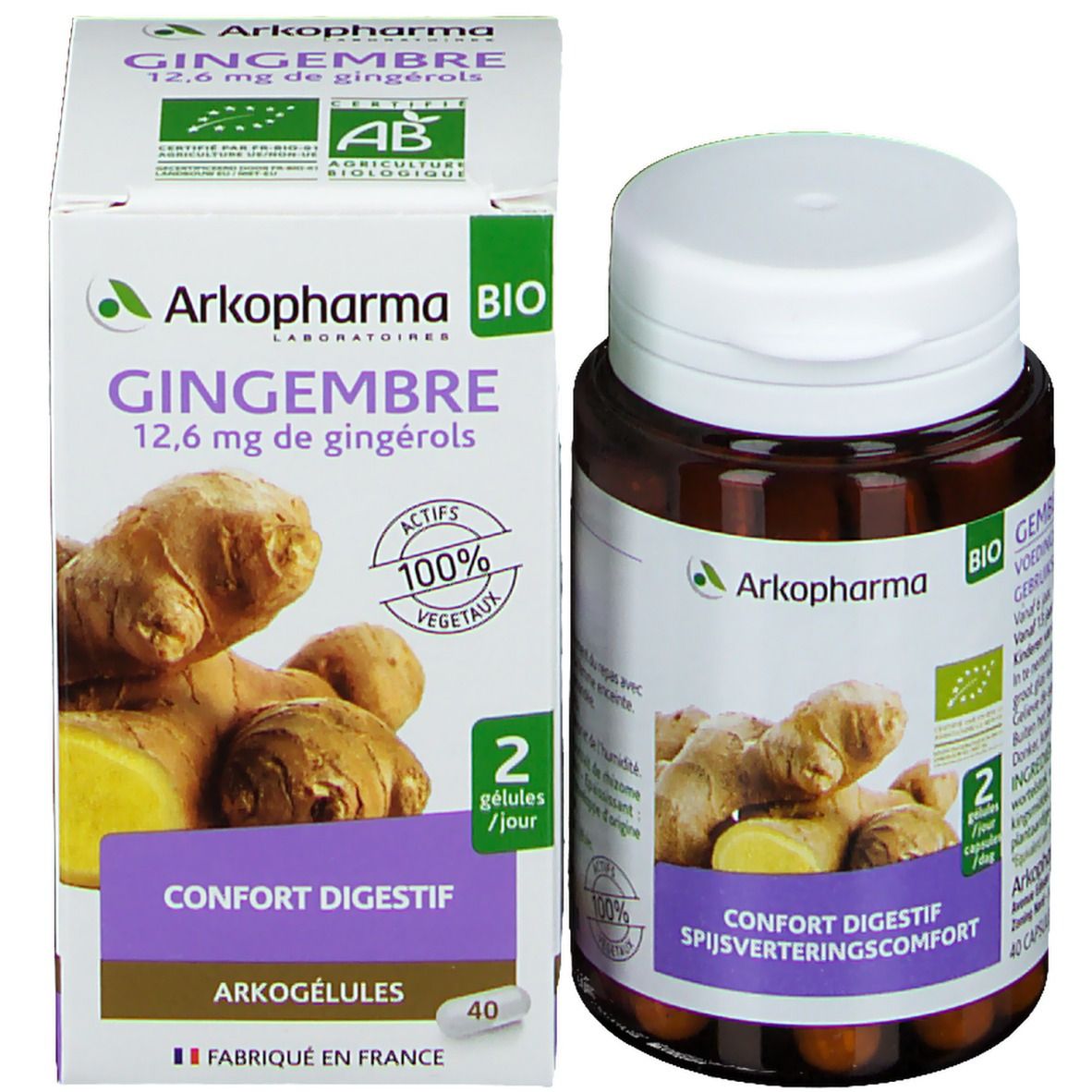 Emballage produit avec flacon et boîte. Flacon de gélules, boîte avec inscription: Gingembre, 12,6 mg de gingérols. 40 gélules.