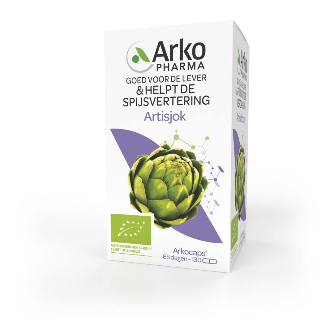 Produktverpackung mit Artischocken-Abbildung und Text. Weißer Hintergrund. Niederländische Texte.