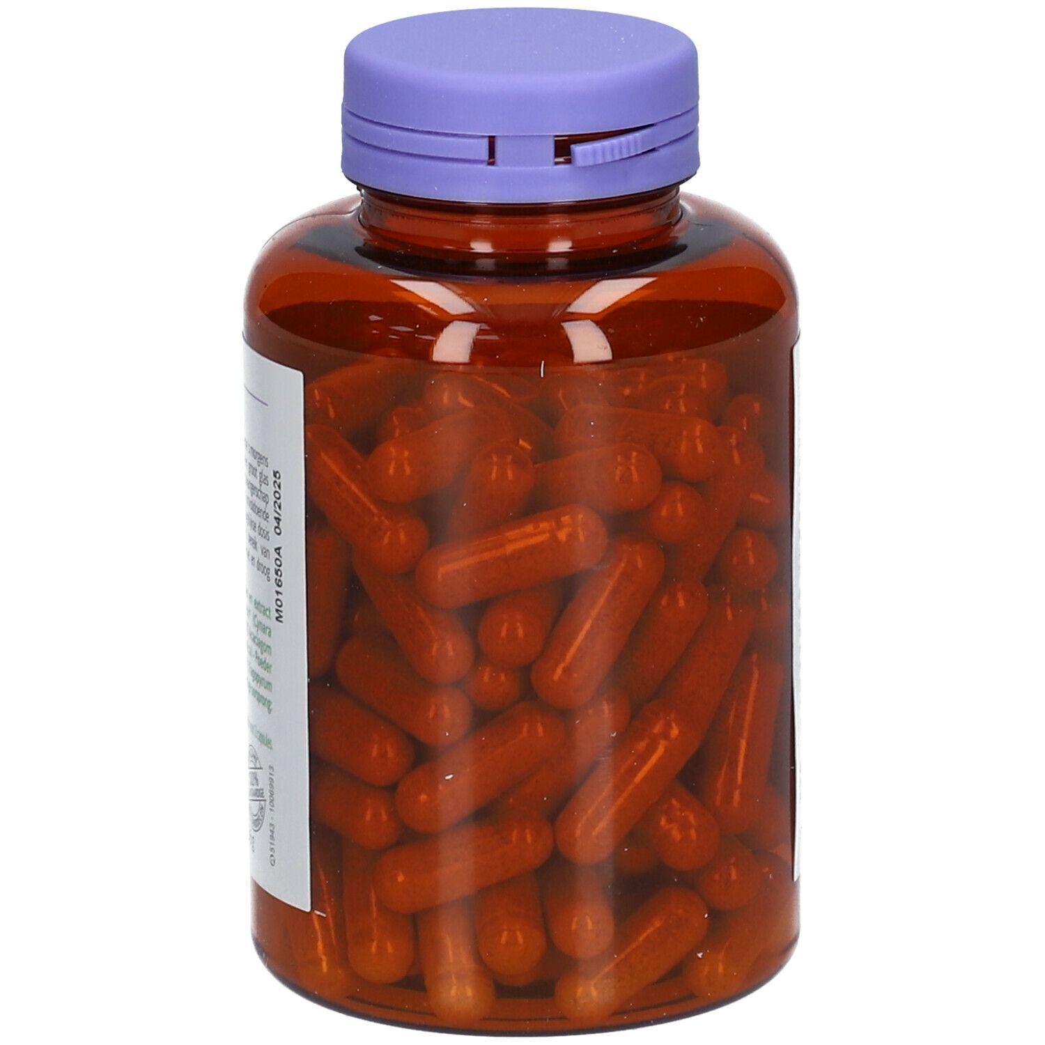 Flacon brun avec bouchon violet, rempli de gélules brunes. Gros plan sur les gélules.