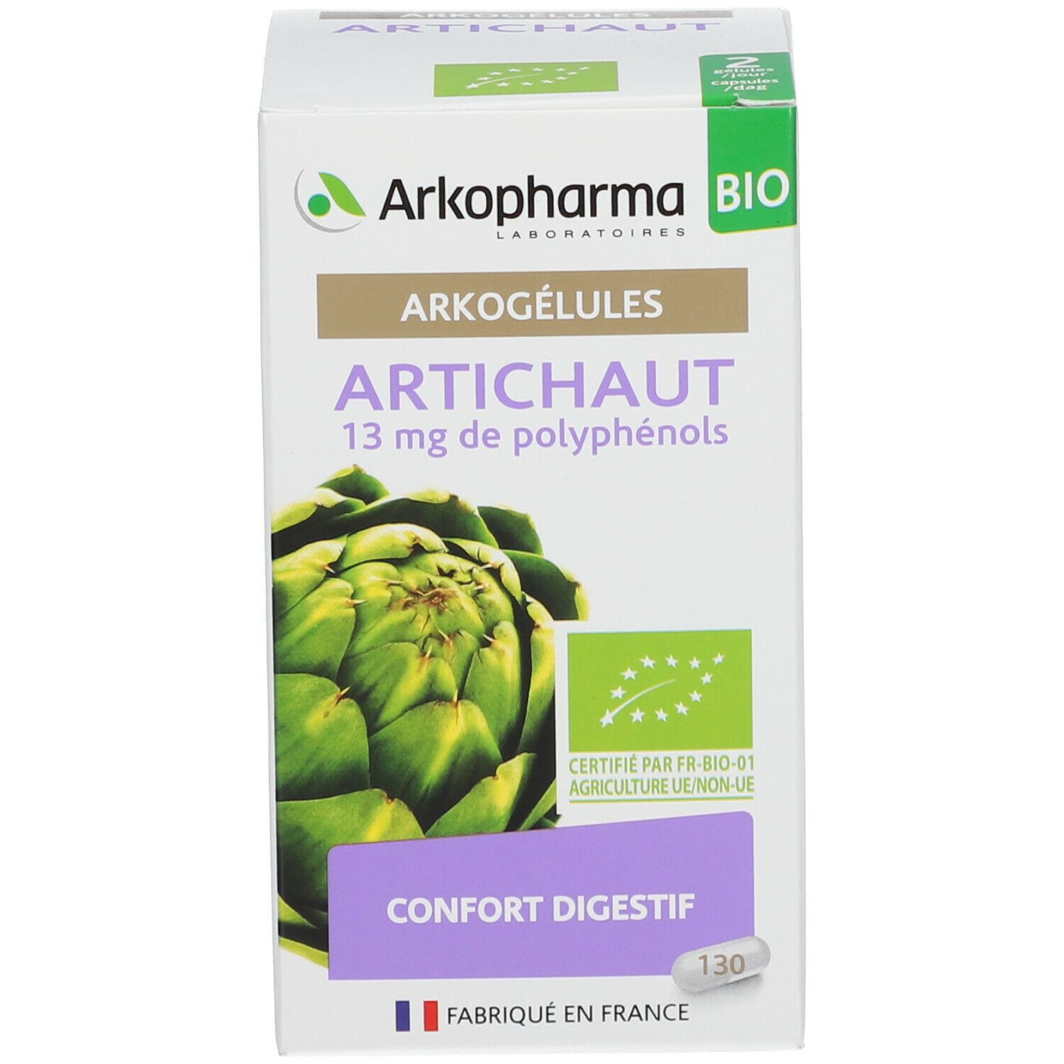 Emballage avec image d'artichaut et texte. Fond blanc. Drapeau français.