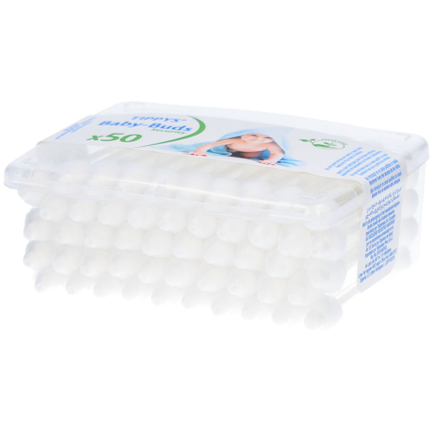 Tippys Baby-Buds, cotons-tiges pour bébés, paquet de 50. Emballage plastique transparent.