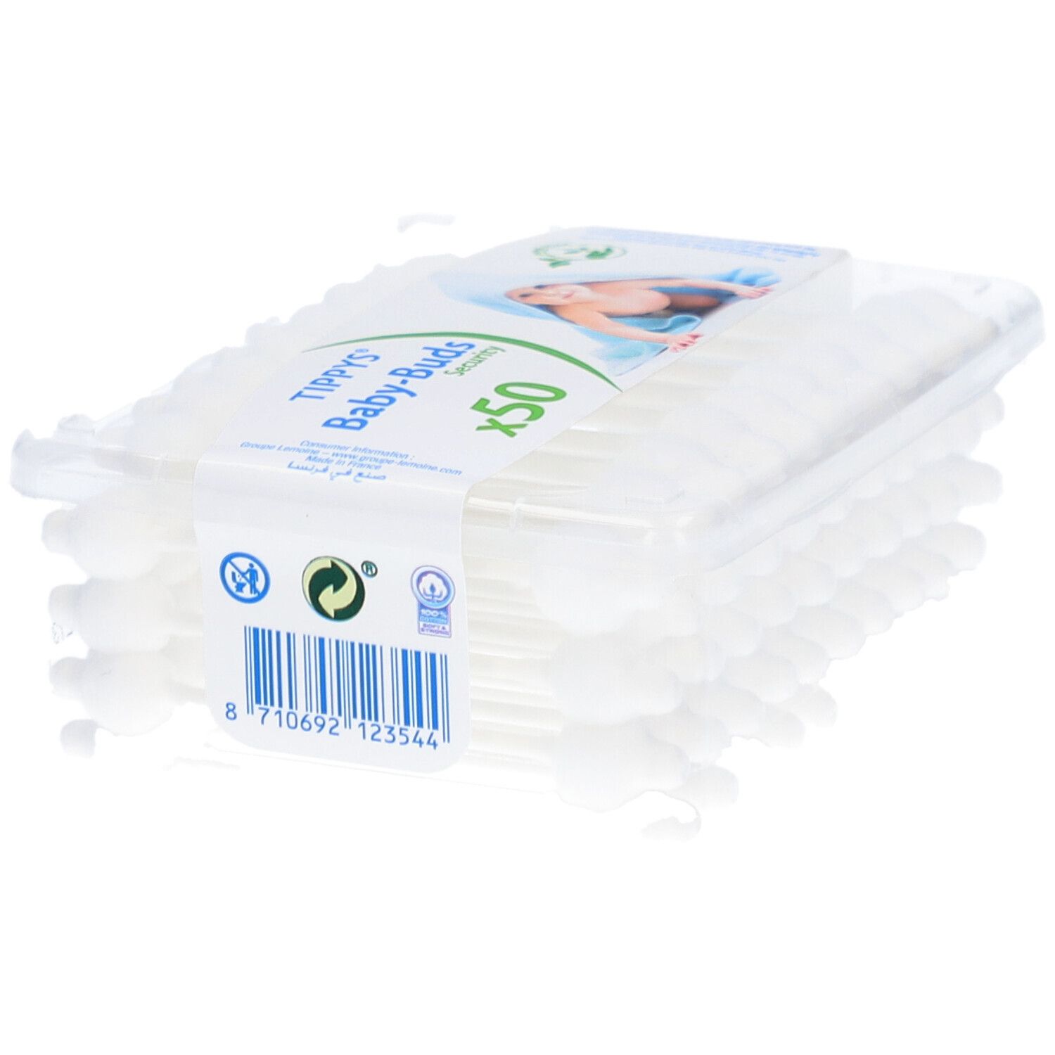 Tippys Baby-Buds, paquet de 50 cotons-tiges. Emballage transparent avec informations et code-barres.