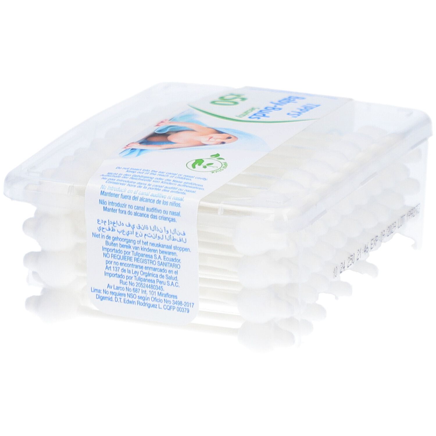 Tippys Baby-Buds, paquet de 50 cotons-tiges. Emballage transparent avec informations et avertissements.