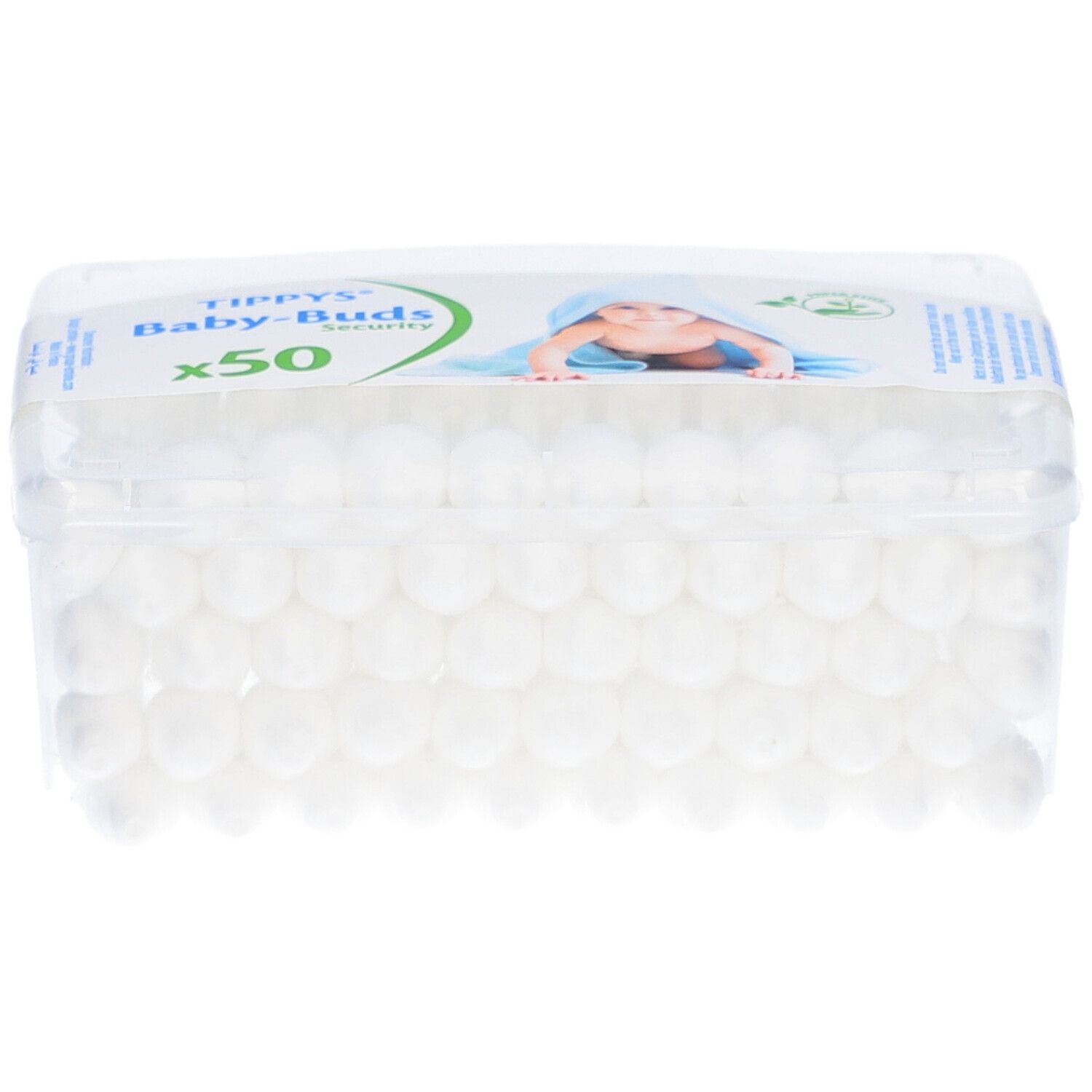 Tippys Baby-Buds, paquet de 50 cotons-tiges. Emballage transparent avec logo et illustration de bébé.