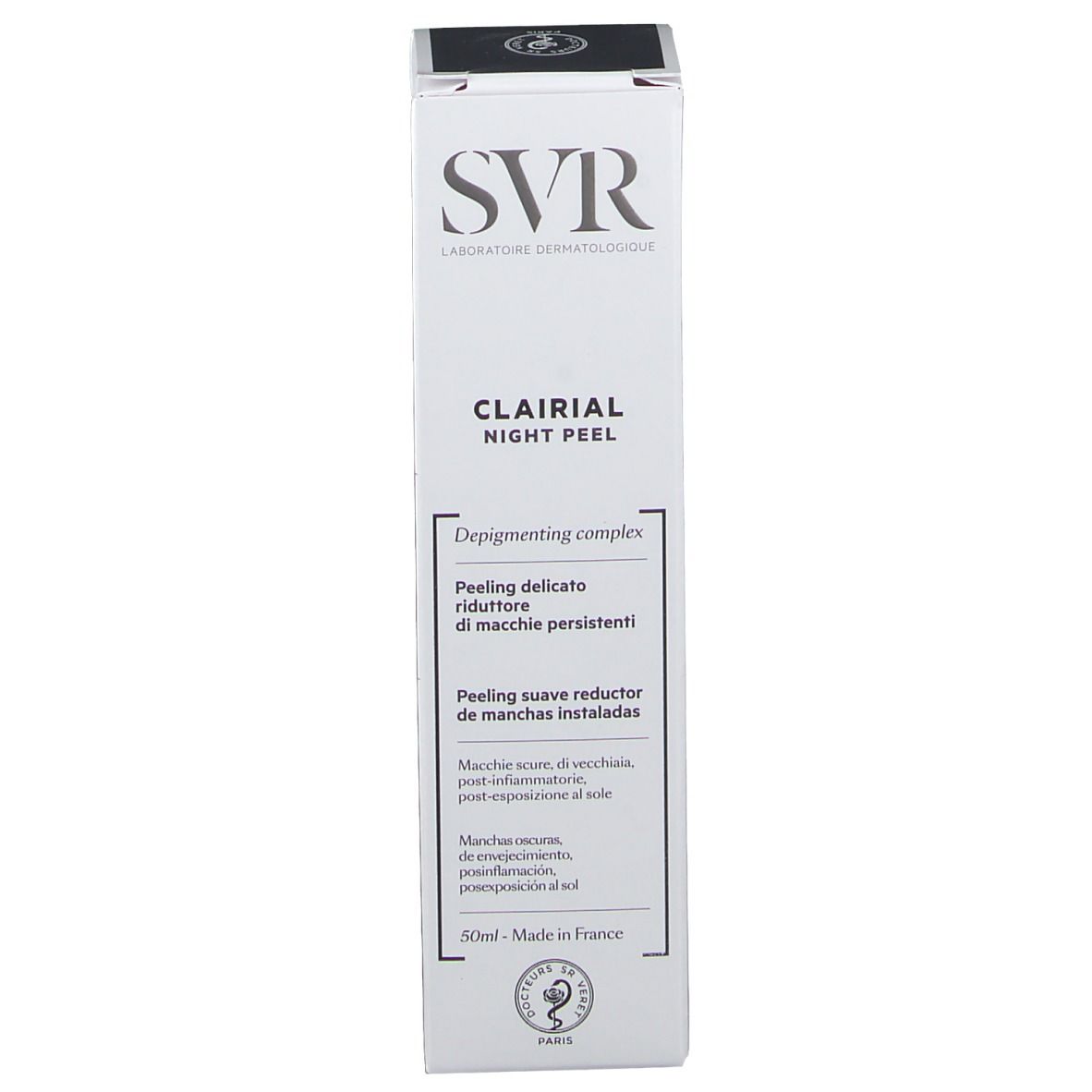 Verpackung mit SVR-Logo und Produktnamen CLAIRIAL NIGHT PEEL. Text auf der Verpackung.