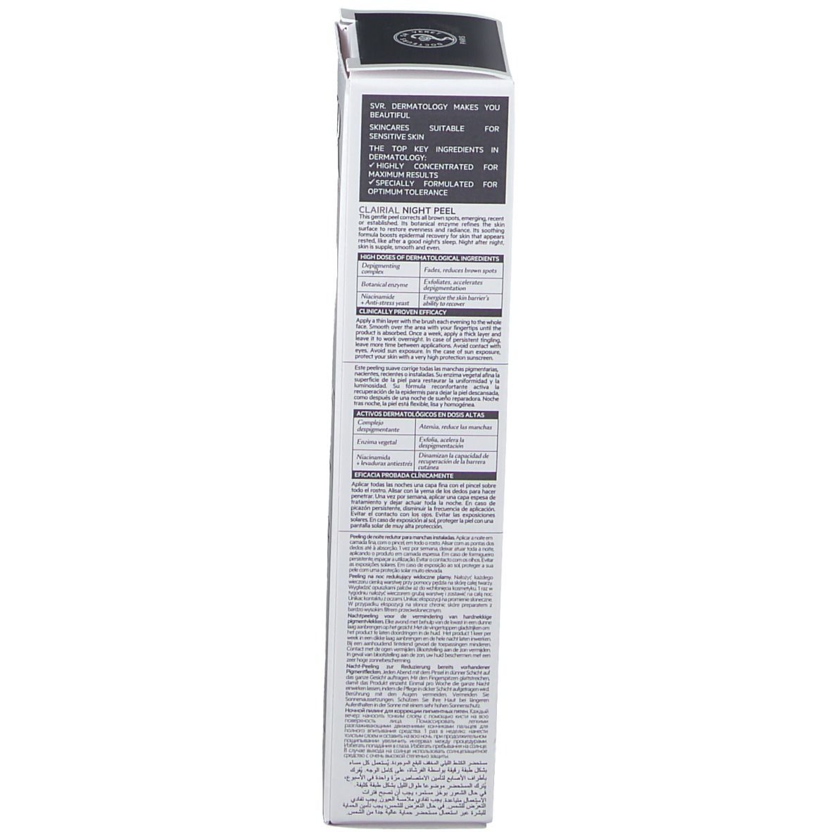 Rückseite der Verpackung mit Text. SVR-Logo und Produktname CLAIRIAL NIGHT PEEL.