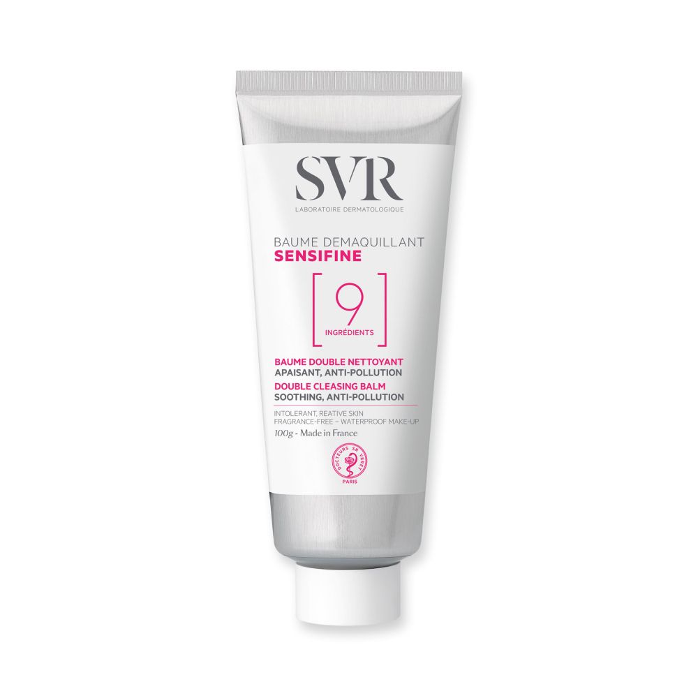 Tube blanc et argenté avec logo SVR et inscription Sensifine. Contient 9 ingrédients. Baume double nettoyage, apaisant, anti-pollution.