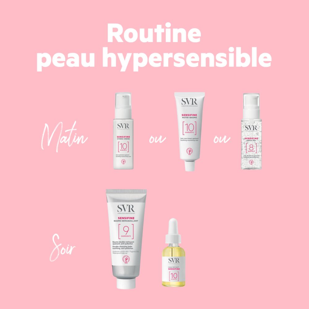 Ensemble de produits pour peaux hypersensibles. Contient différents produits: nettoyage, sérum, crème. Logo SVR visible.