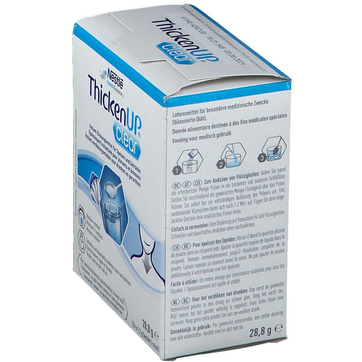 Doos ThickenUP clear, schuin. Opschrift: Instant verdikkingsmiddel. Illustraties van bereiding. 28,8 g.